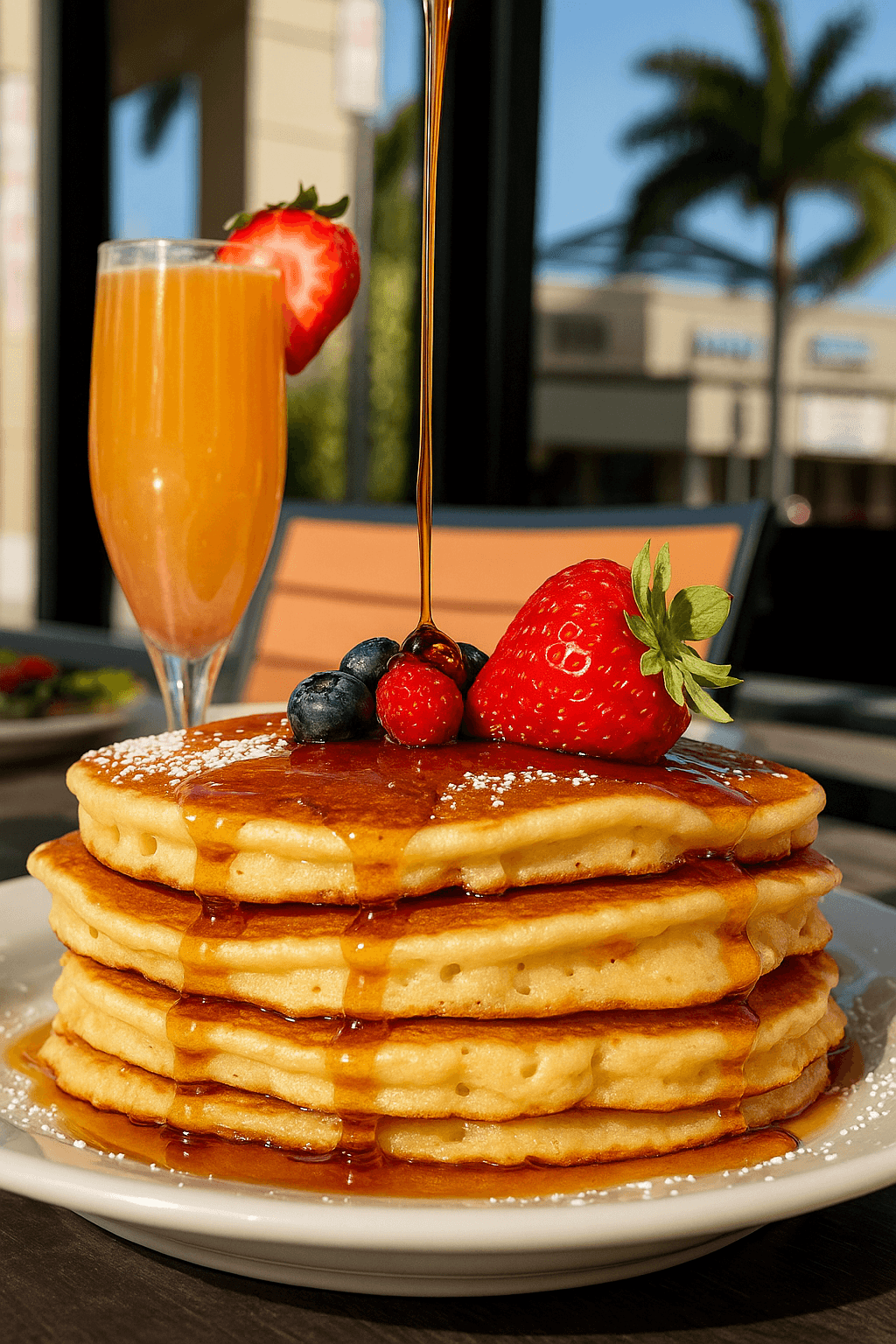 Pancakes with syrup and berries - Our signature breakfast dish