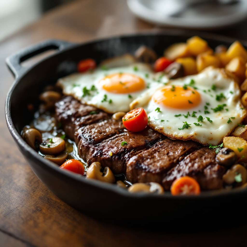 Sunny Skillet - Rib-eye steak with eggs and potatoes